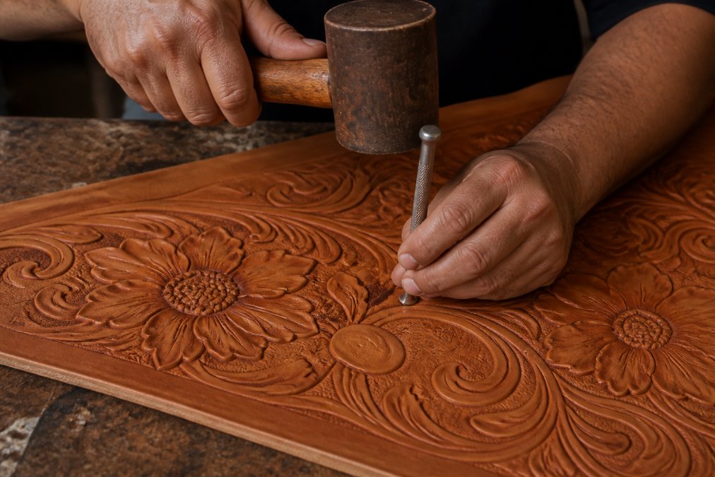 Skilled leatherworker's hands using traditional hand-chiseling tools on full-grain leather, showing detailed carving of floral patterns with visible mallet and chisel, natural workshop lighting highlighting texture and depth
