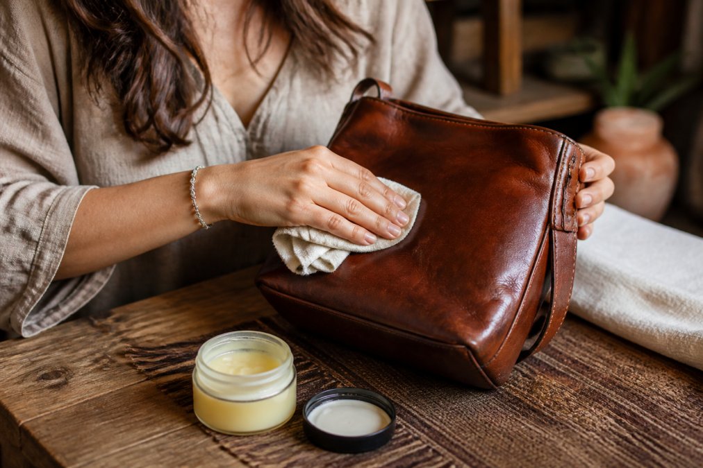 Woman's hands carefully conditioning a handcrafted leather bag with soft cloth and natural leather care product on wooden surface, showing proper maintenance technique with warm natural lighting