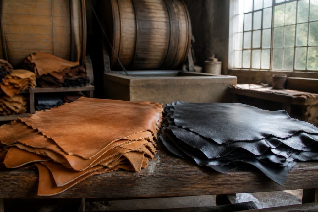 Artisan workshop interior with stacked cowhide panels, tanning drums in the background, and natural light streaming through a large window onto a wooden workbench