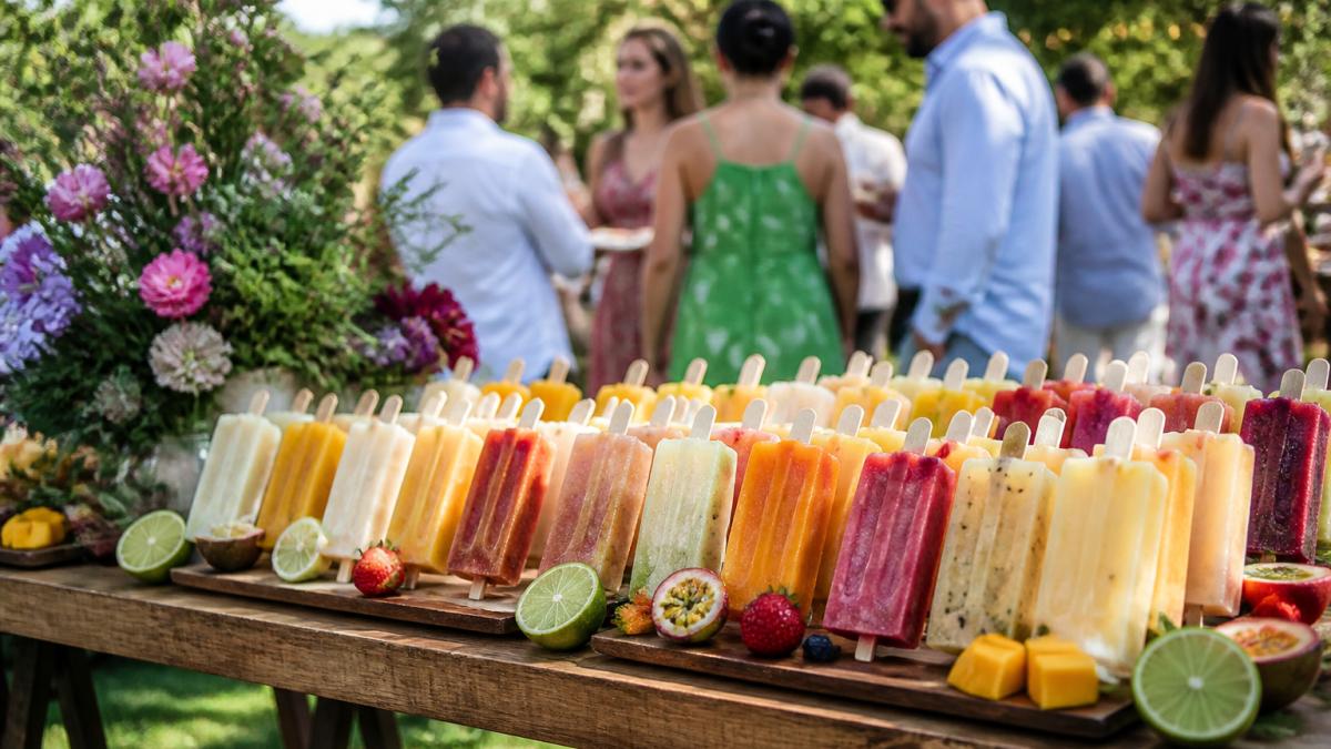 Colorful array of gourmet paletas displayed on a wooden table at an outdoor garden party, with guests mingling in the background and natural sunlight highlighting the vibrant fruit colors