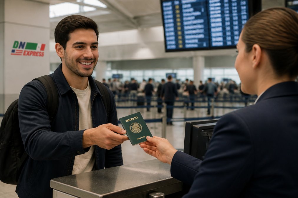 Traveler holding a Mexican passport at an airport check-in counter with a departures board in the background