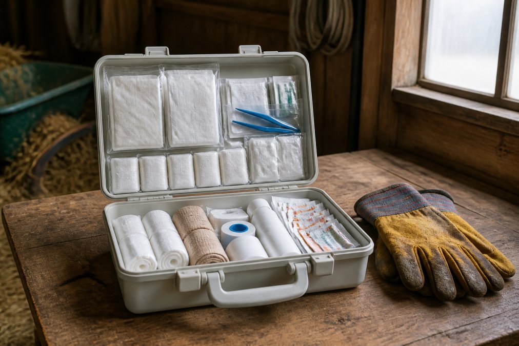 An open farm first aid kit on a wooden workbench in a barn, showing organized supplies like bandages, gauze, and ointment packets next to a pair of work gloves, with soft natural light streaming through a nearby window
