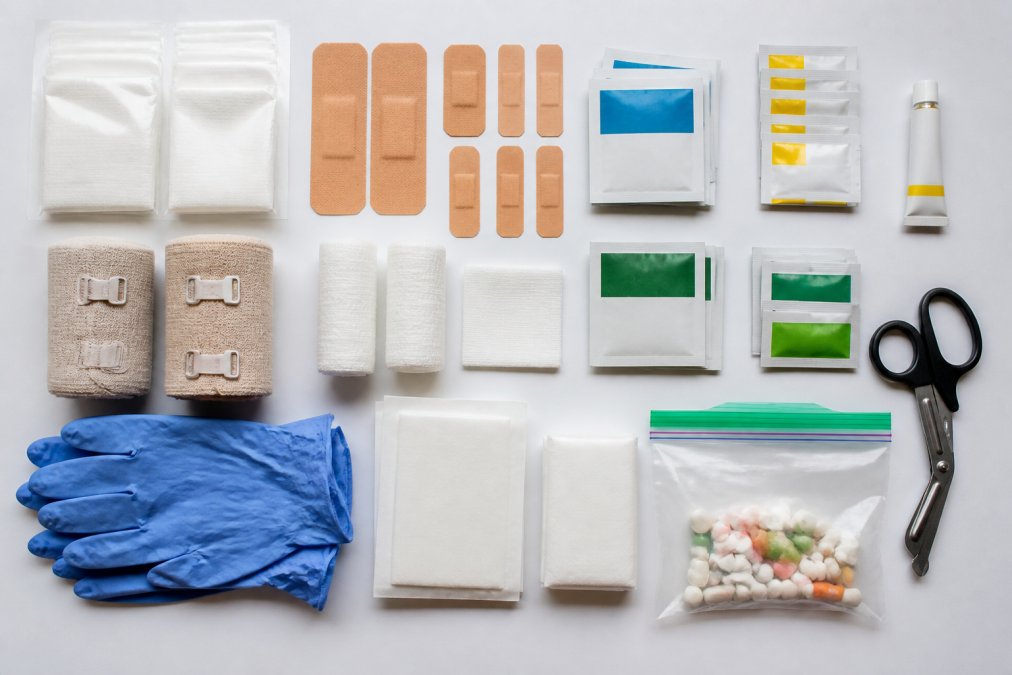 Overhead flat-lay arrangement of first aid supplies organized by category on white surface: sterile gauze pads, adhesive bandages in various sizes, antiseptic wipes, antibiotic ointment packets, elastic bandages, nitrile gloves, trauma shears, and medication packets neatly grouped