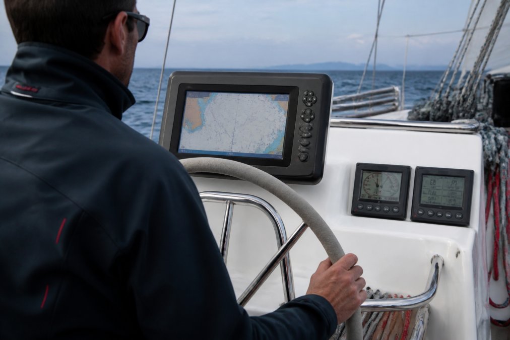 Sailor at the helm checking a large multifunction display and dedicated sailing instruments in the cockpit