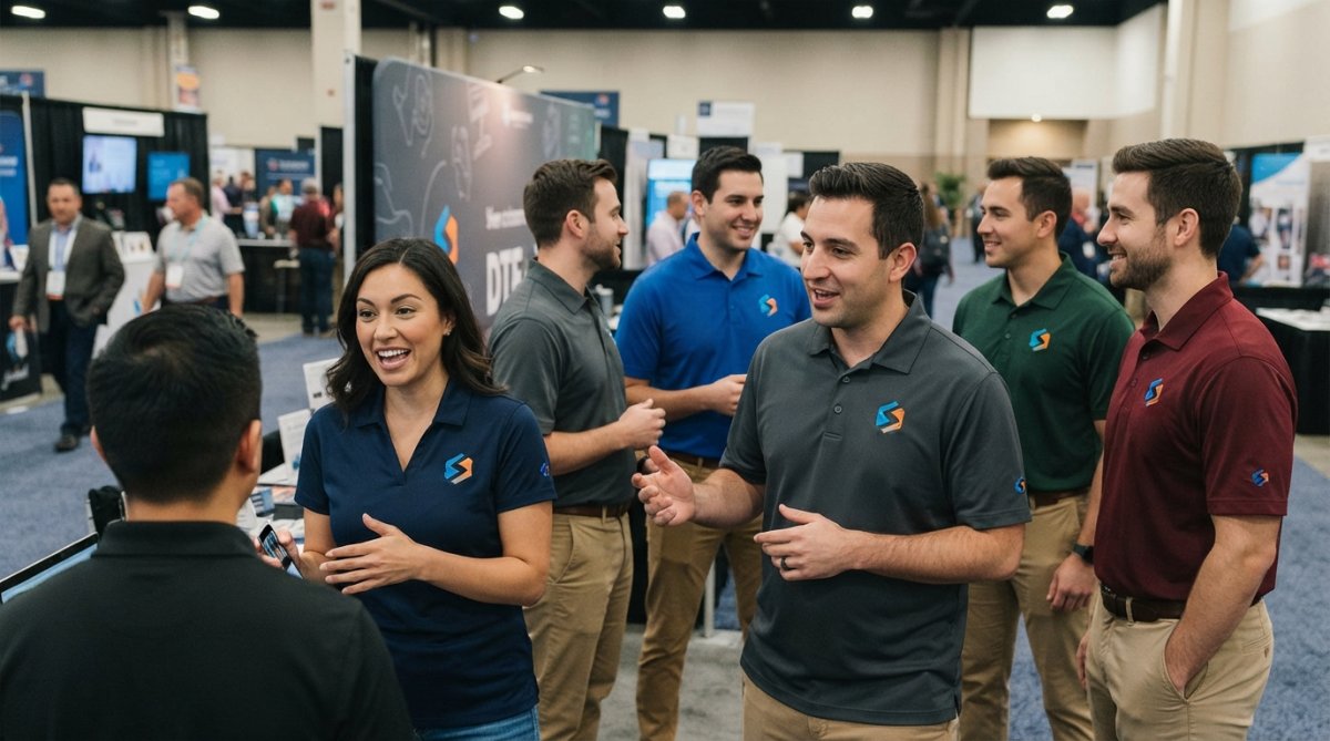 Professional team wearing matching custom branded DTF-printed shirts in various colors at a corporate event, displaying consistent print quality and vibrant color reproduction across multiple garments