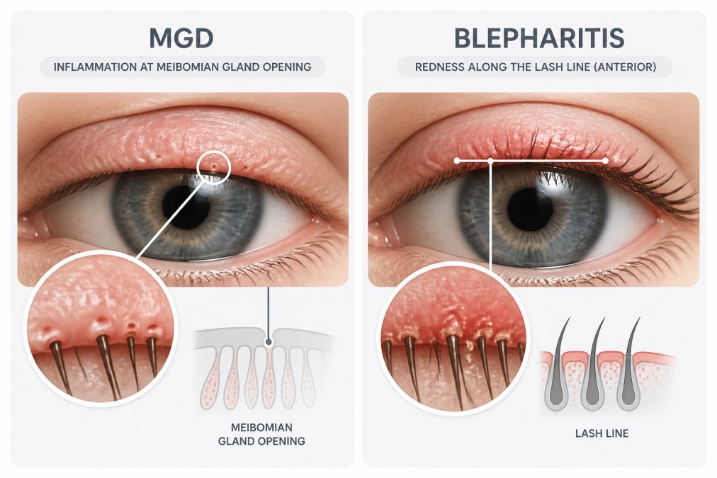 Diagram comparing MGD blepharitis symptoms by showing eyelid margin inflammation versus lash line redness.