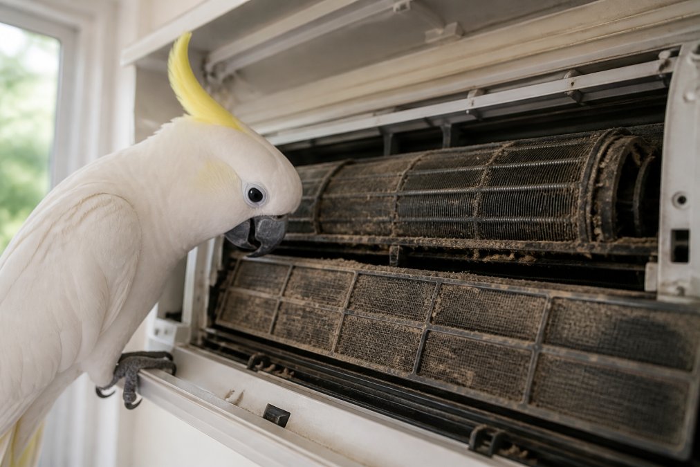 Un loro inspeccionando de cerca los filtros y componentes internos de una unidad de aire acondicionado, con luz natural que muestra el polvo y la suciedad acumulada