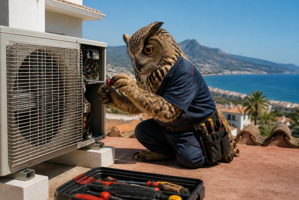 Un búho realizando tareas de limpieza y mantenimiento en la unidad exterior de aire acondicionado, con herramientas de técnico visibles y ambiente de costa del sol de fondo