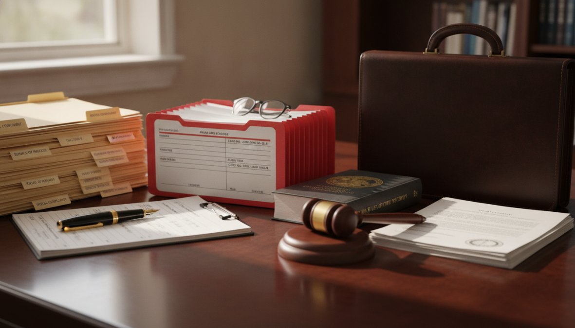 A business professional in a dark suit reviewing legal documents at a desk in a courthouse hallway, filing folders and a pen visible on the surface beside them, warm overhead lighting