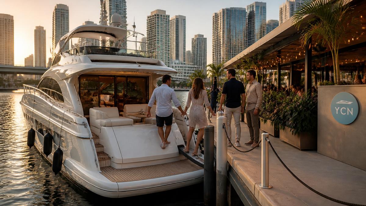 A luxury motor yacht tied alongside a Miami River waterfront restaurant dock at golden hour, with guests stepping from the aft deck toward the restaurant terrace and the downtown skyline behind