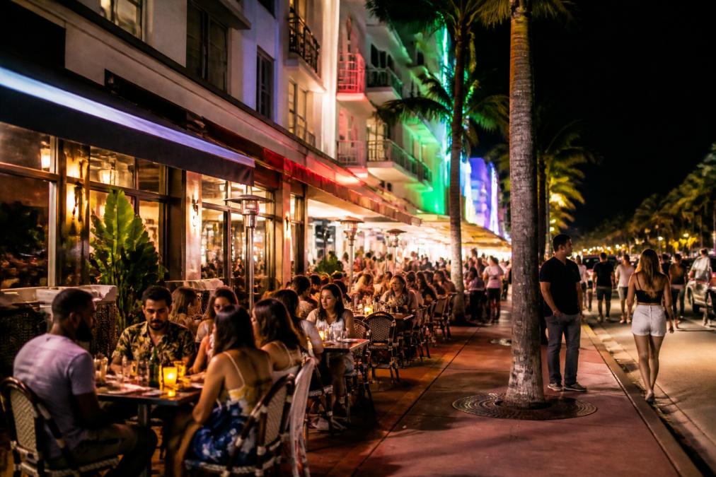 Lively Miami nightlife street scene with neon-lit storefronts, outdoor dining tables filled with diverse crowds, colorful building facades, and warm evening ambient lighting casting long shadows
