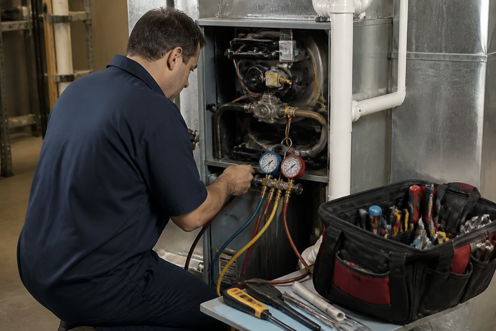 Certified HVAC technician in work uniform using specialized tools to service furnace unit in basement, checking gauges and connections, with maintenance kit visible on workbench