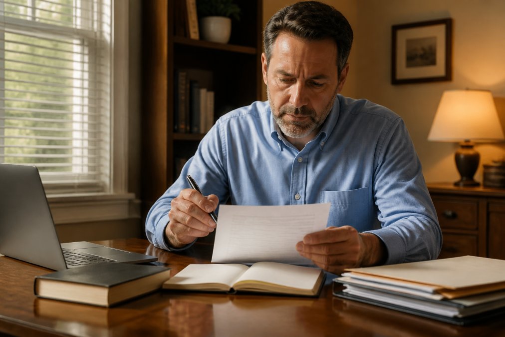 A person sitting at a desk with a laptop, reviewing a formal document with a pen in hand, looking focused and determined in a home office setting