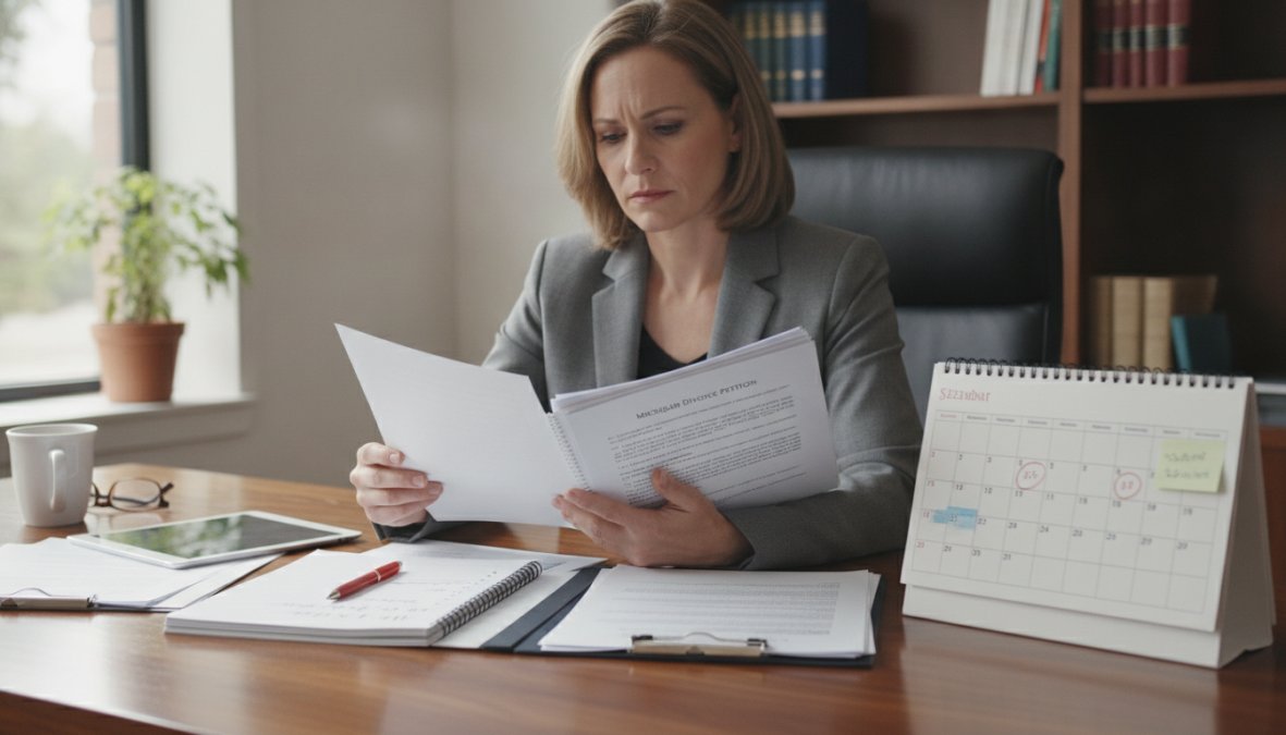 Professional reviewing divorce documents and legal papers at desk with calendar and notepad visible, natural office lighting