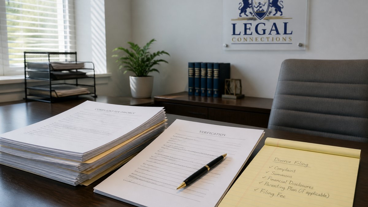 Professional reviewing legal documents and divorce forms at a desk with pen and notepad, preparing paperwork for filing in a bright office setting