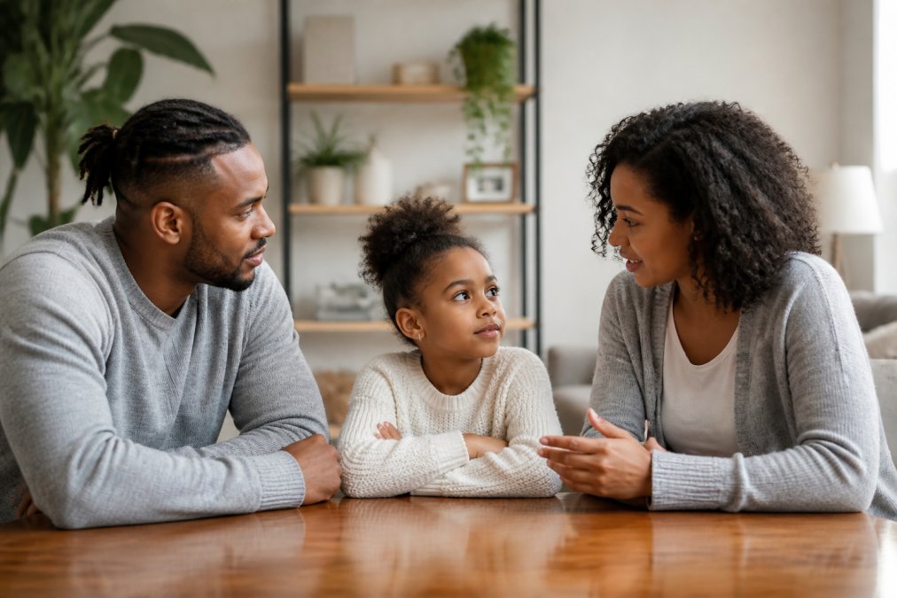 Two parents sitting at a table with their child between them, having a calm, respectful conversation in a neutral, well-lit setting, demonstrating collaborative communication and unified parenting approach despite separation