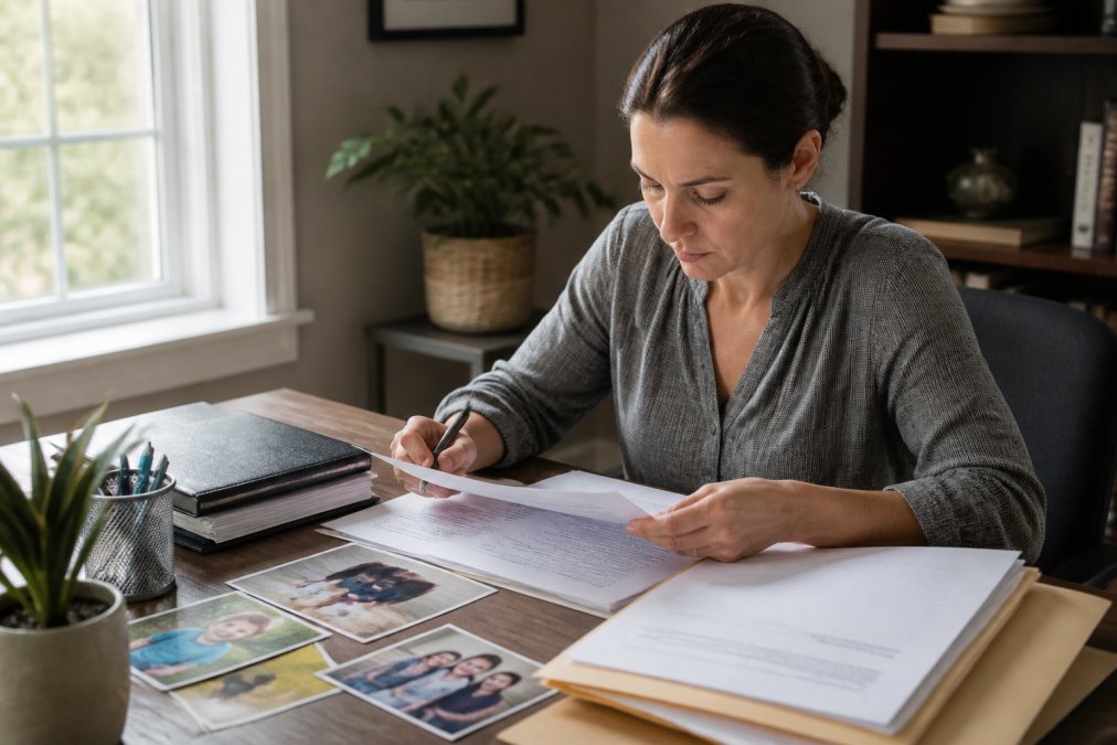 Person sitting at desk with legal documents, family photos, and pen, preparing to file custody paperwork in a home office setting with natural window lighting