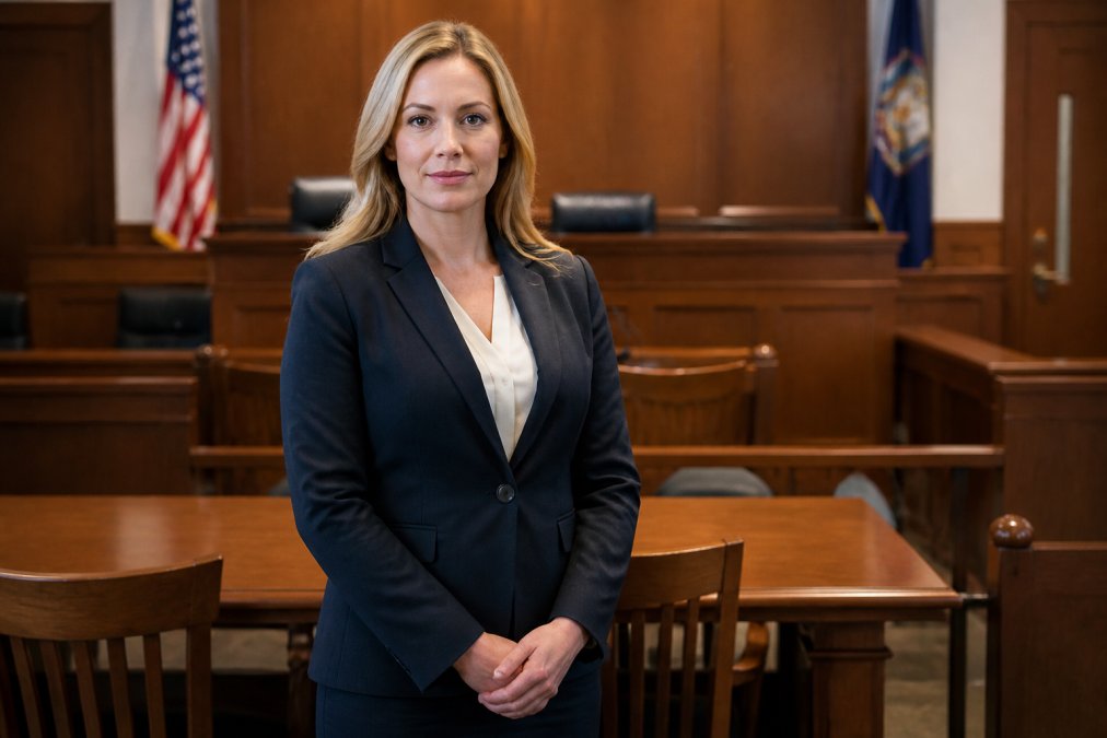 Professional in business attire standing in formal courtroom with judge's bench visible in background, appearing calm and prepared, with natural courtroom lighting