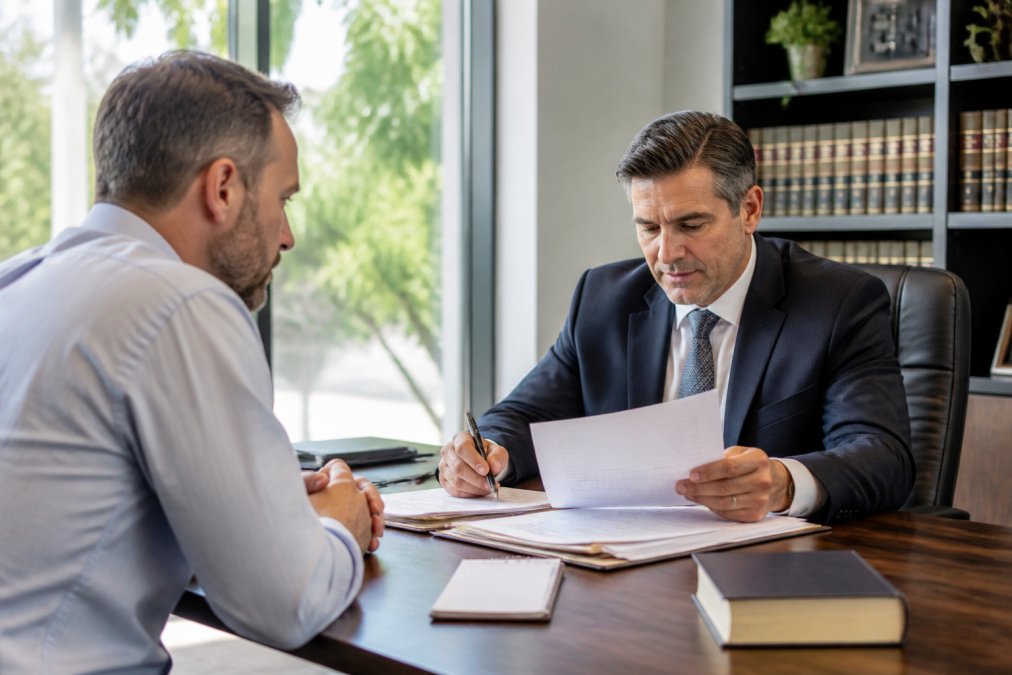 Criminal defense attorney reviewing documents for a felony charge defense with a client in a modern office.