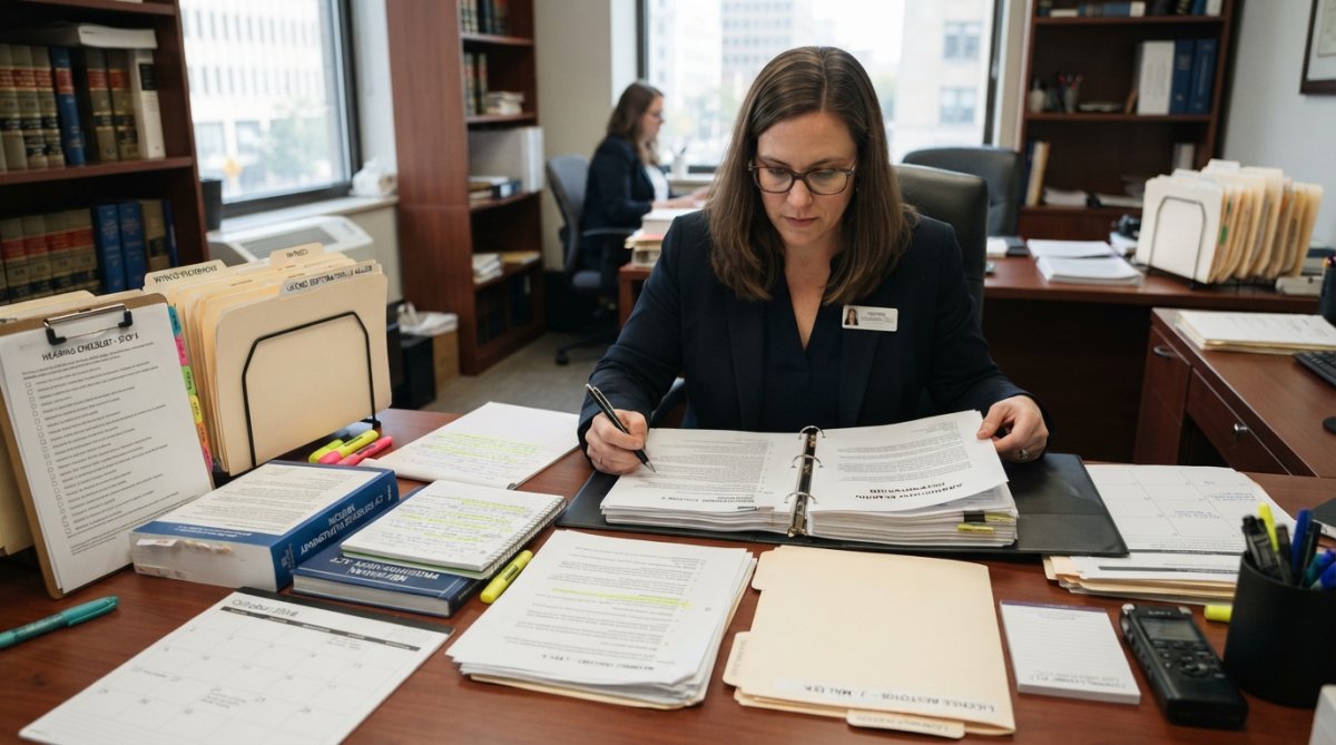 Professional attorney or hearing officer at a desk reviewing case documents and evidence files in a formal administrative office setting with professional lighting