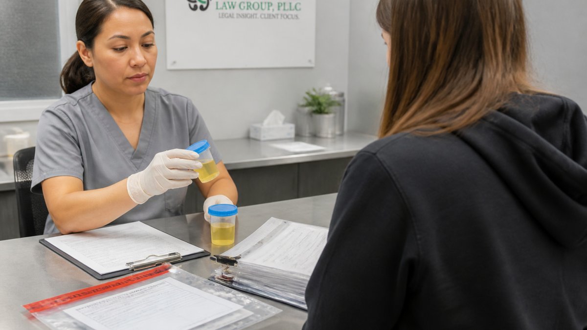 Professional demonstrating proper urine specimen collection procedure in clinical setting with labeled specimen containers and chain of custody documentation visible on desk