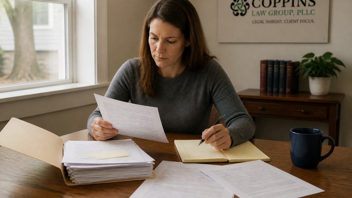 Person reviewing legal documents at a home desk while preparing a retail fraud expungement application