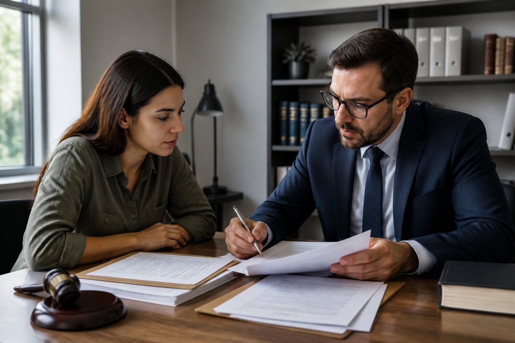 Professional attorney and client discussing case files and legal strategy in modern office setting with natural lighting, documents spread on desk