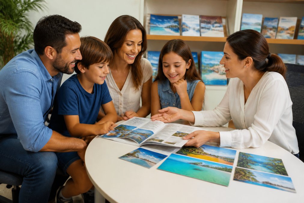 Family of four (two adults and two children) sitting together at a travel agent's desk reviewing vacation itineraries and destination brochures with excitement and smiles