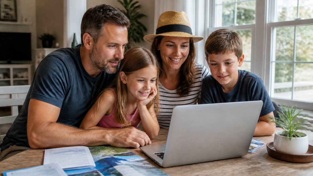 Family of four reviewing vacation plans together at home, looking at a laptop with travel documents and resort information visible on the screen, natural afternoon lighting through windows