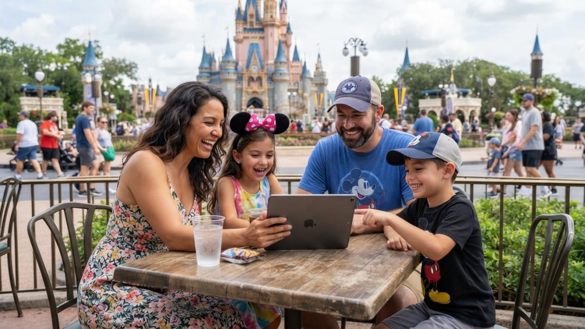 Family of four sitting together at a Disney park table, smiling and reviewing vacation photos on a tablet, with theme park scenery and castle visible in the background