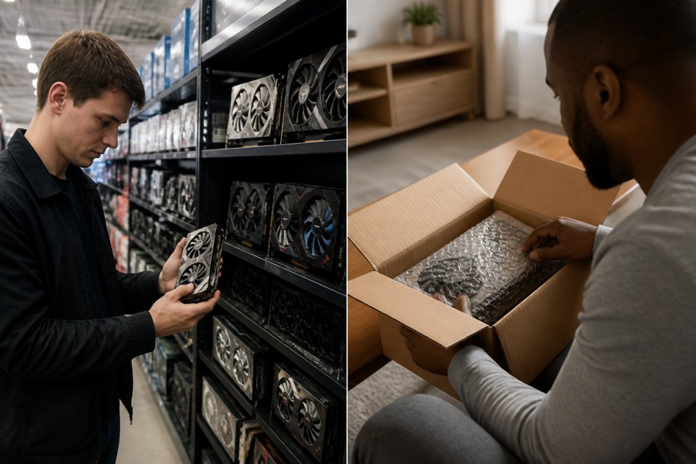 A tech enthusiast carefully examining PC components on a retail shelf, hands inspecting a graphics processing unit with focused attention, bright store lighting illuminating the hardware display