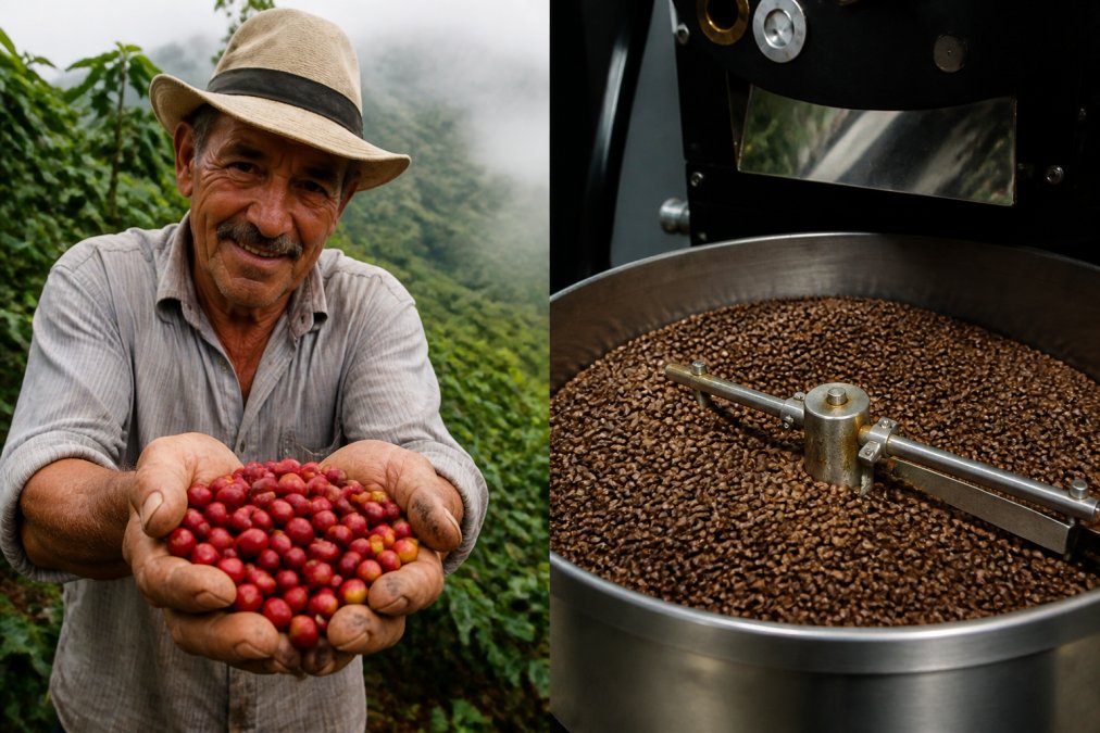 Close-up of freshly harvested red coffee cherries cradled in a farmer's weathered hands on a steep hillside farm, with dense rows of coffee plants stretching into soft morning mist behind him