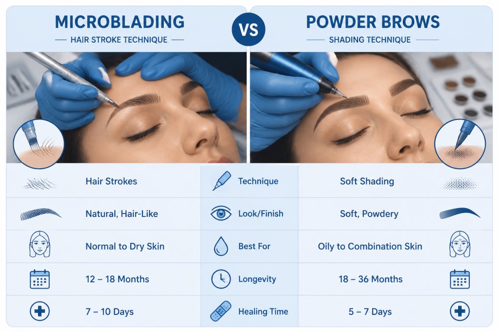 Professional demonstrating eyebrow microblading technique with manual blade creating individual hair strokes versus powder brows application with shading technique in modern clinical setting with natural lighting
