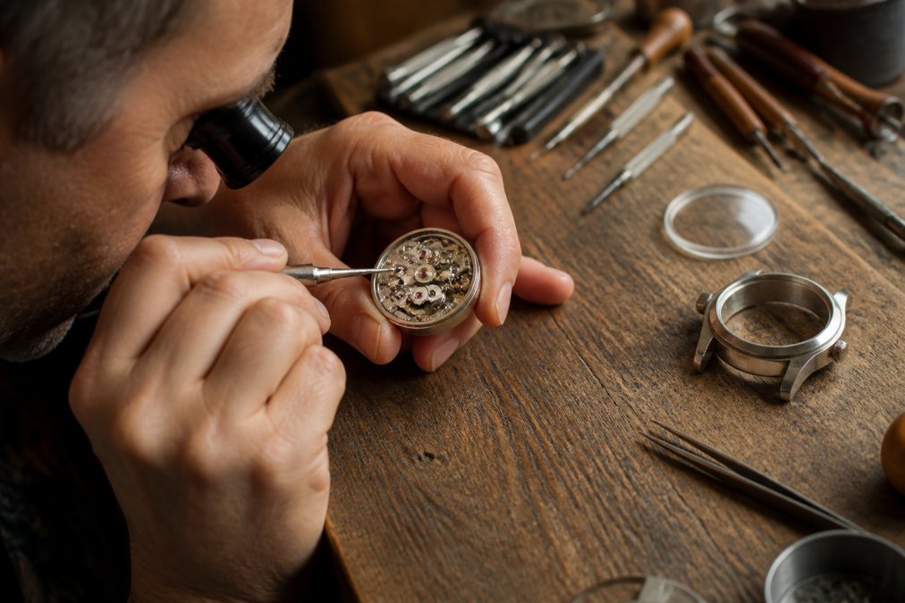 A watchmaker's hands examining an automatic watch movement with a loupe on a wooden workbench, titanium case and sapphire crystal visible nearby