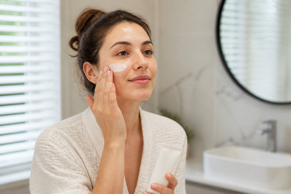 Person carefully applying broad-spectrum sunscreen to their face in a bright bathroom, demonstrating essential post-treatment skincare routine