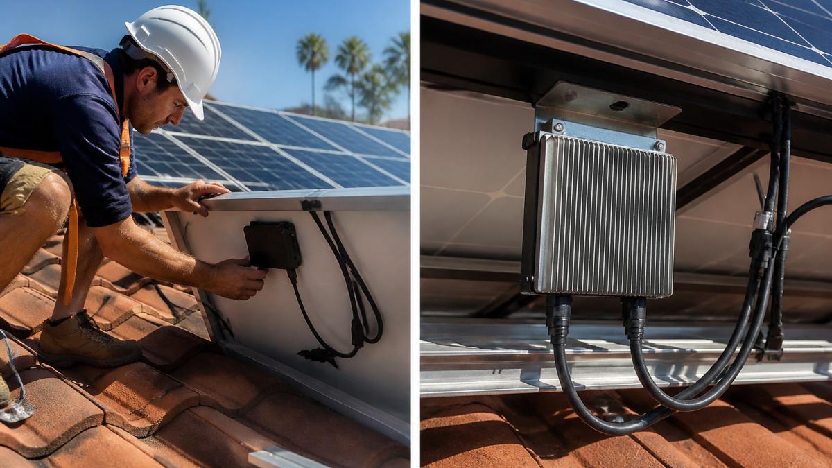 A solar installer on a tiled roof fitting a small panel-level device beneath a solar module, with a partially installed array visible behind