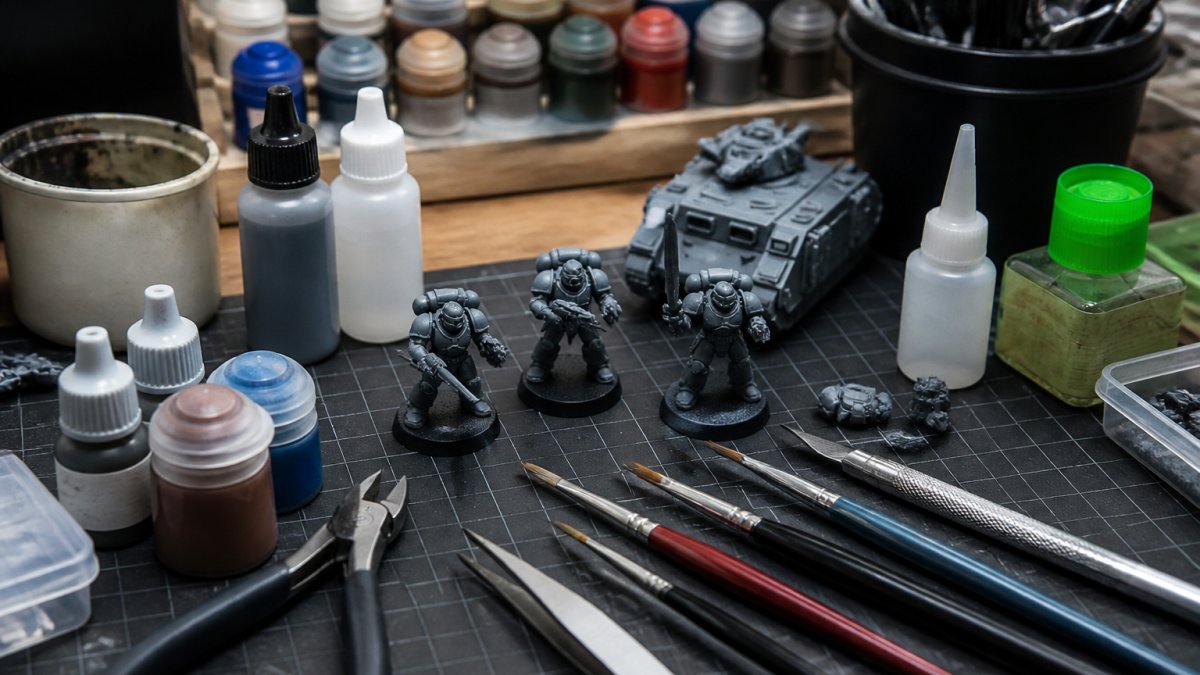Close-up of a miniature painting workstation with brushes, adhesives, primers, and small assembled model parts arranged on a clean work surface