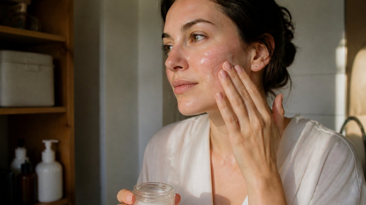 Close-up of a woman with bare, slightly flushed skin gently applying a clear gel moisturizer to her cheek in a bright bathroom, soft natural light, calm expression