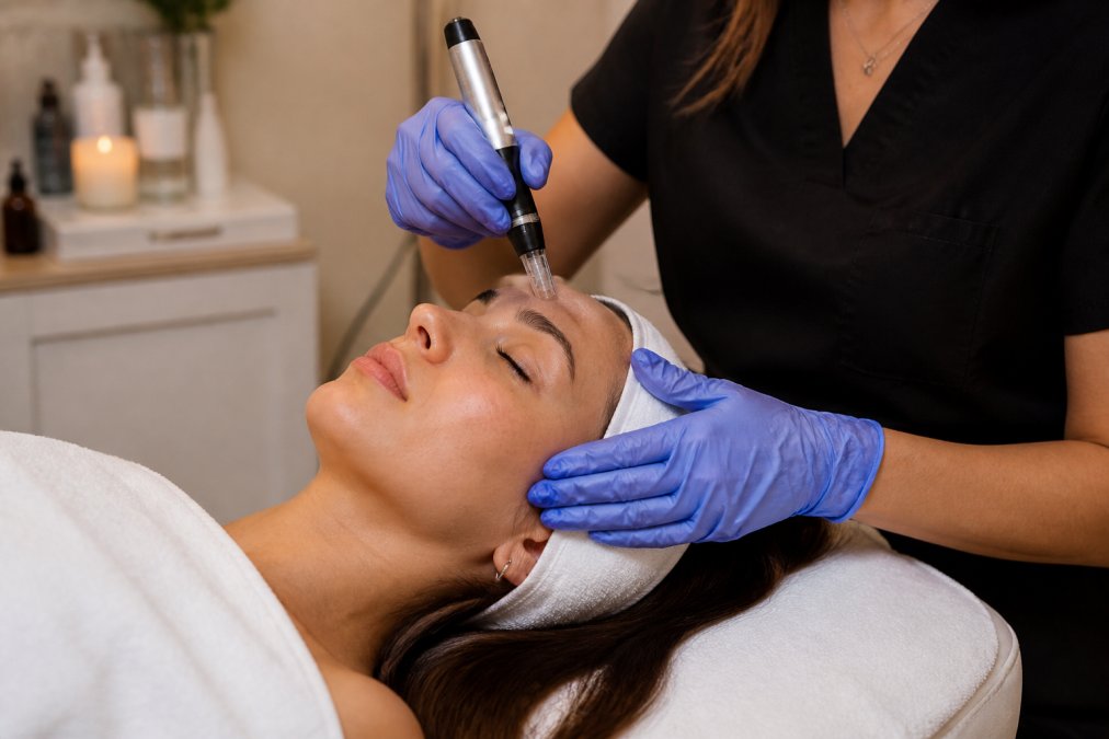 Professional performing microneedling treatment on patient's face in clinical setting with warm lighting and sterile equipment visible