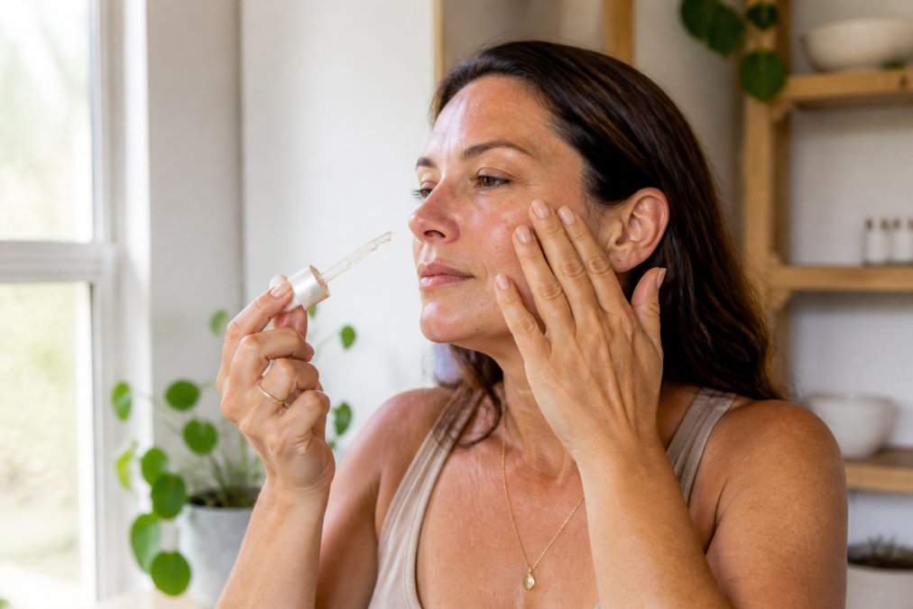 Person gently applying hydrating serum to face after microneedling treatment in calm home setting with soft lighting