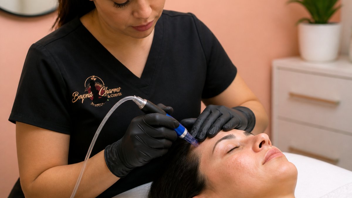Close-up of a licensed esthetician in gloves holding a professional microneedling pen near a client's forehead in a bright, clean treatment room