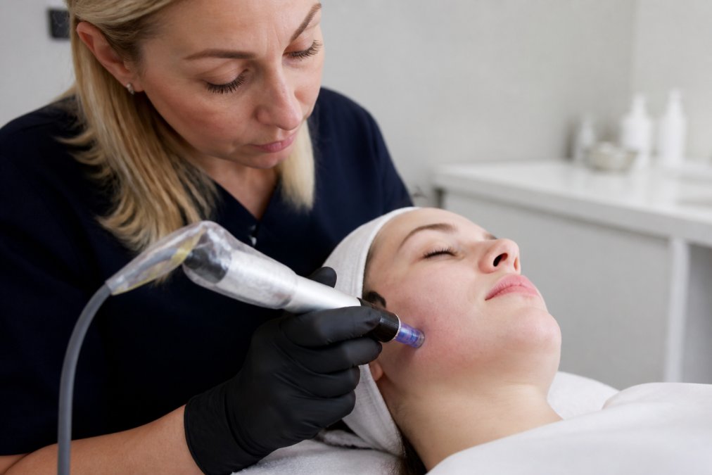 Close-up of a medical professional performing microneedling on a patient's face using a handheld device in a clinical setting with bright, even lighting