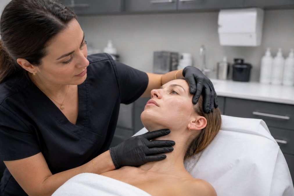 Medical professional measuring treatment area on patient's face and neck before microneedling procedure in modern clinic with professional lighting