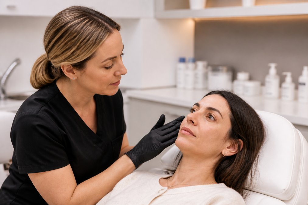 A professional aesthetic nurse in a modern medical spa examining a female patient's face with a gloved hand before a treatment, bright clinical lighting, clean white treatment room
