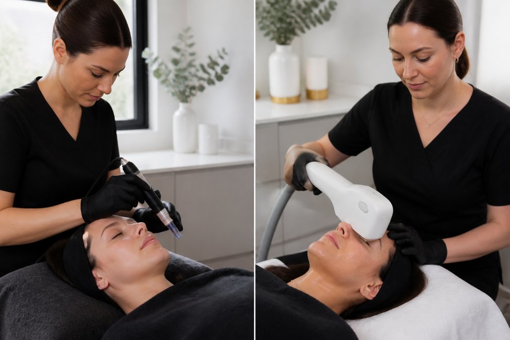 A Registered Nurse in a bright, modern clinic preparing a microneedling device while a client relaxes on a treatment bed, with soft natural light and a calm, professional atmosphere