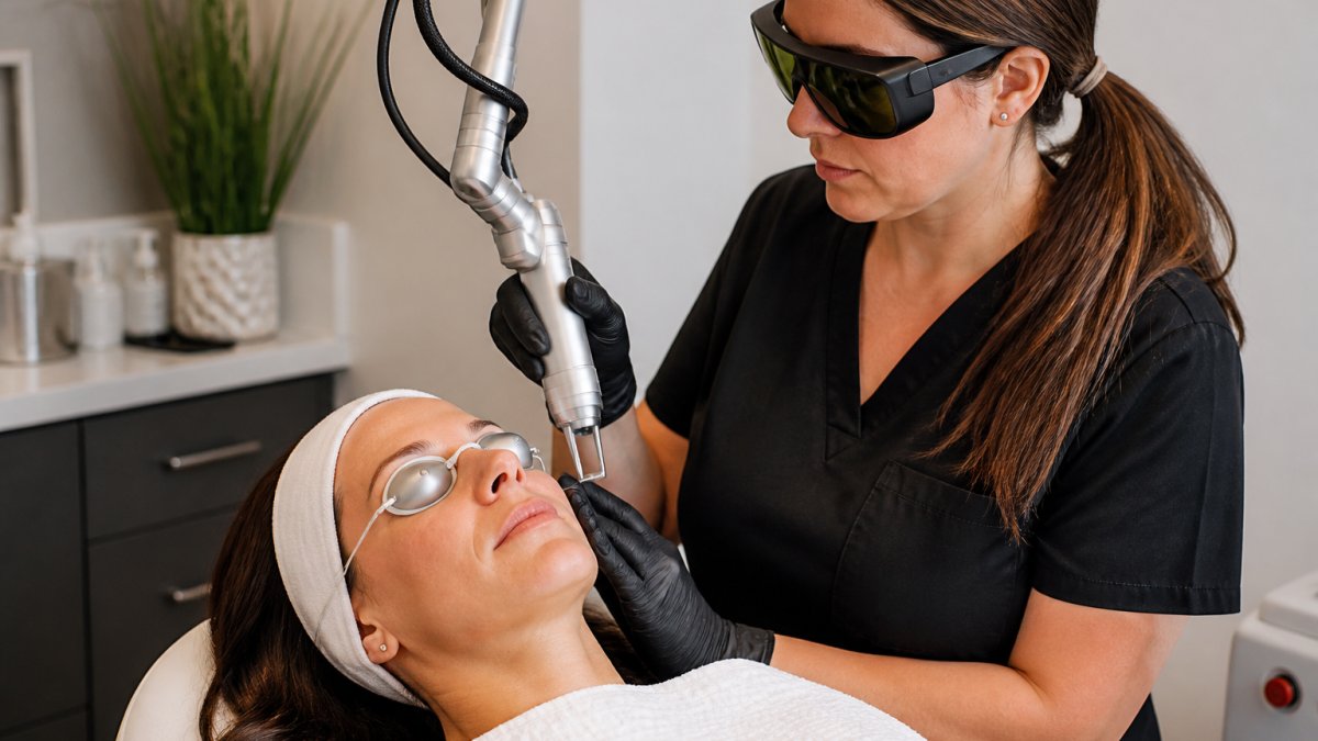Professional performing laser resurfacing treatment on patient's face in clinical setting with advanced laser equipment visible, showing controlled light-based energy application