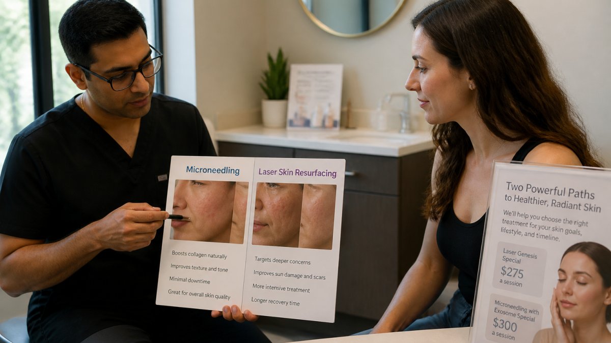 Physician reviewing digital complexion results with a patient during a microneedling vs laser skin consultation