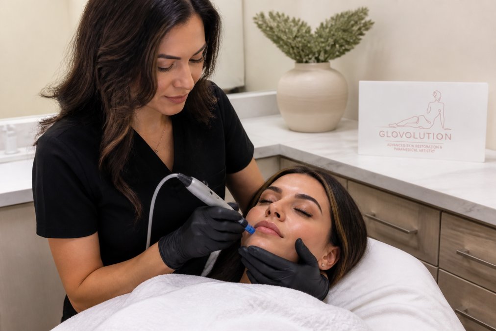 Woman in clinical treatment room receiving professional skin treatment with precision equipment, calm focused setting with soft clinical lighting