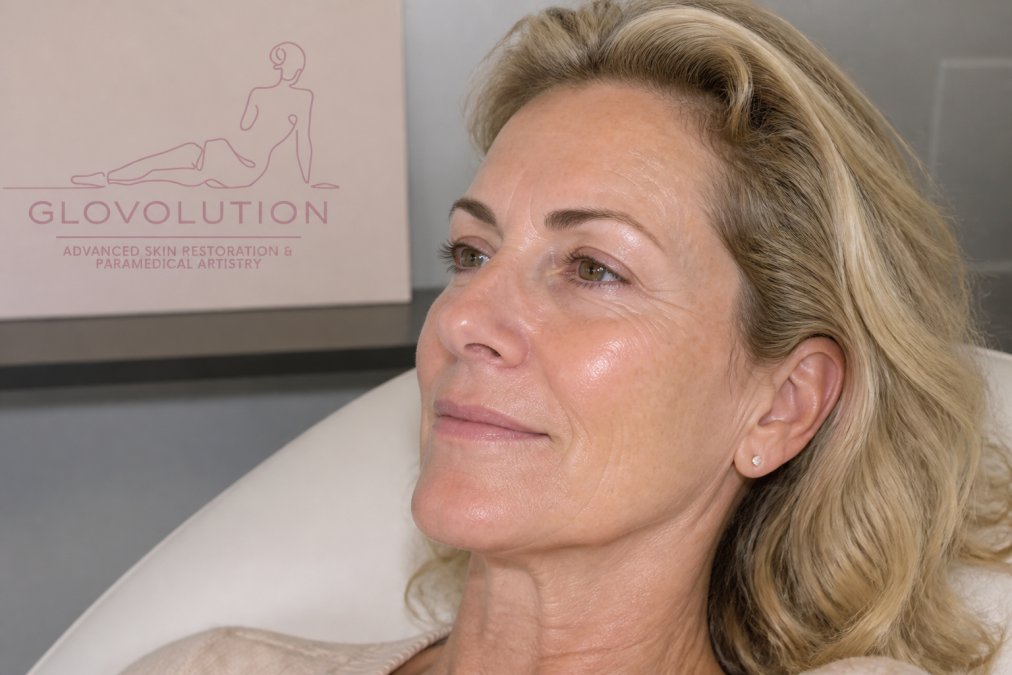 Close-up of mature woman's face showing skin texture and tone with natural lighting, demonstrating skin restoration and firmness