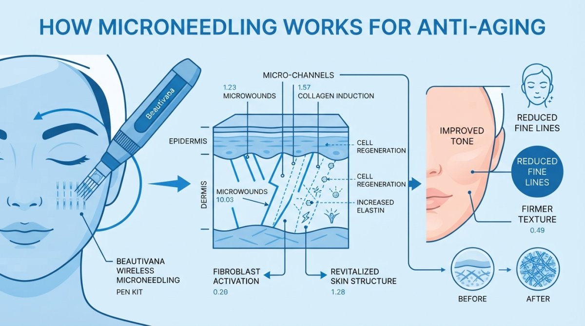 Nahaufnahme des Gesichts einer Person, die eine Microneedling-Behandlung in einer klinischen Umgebung erhält